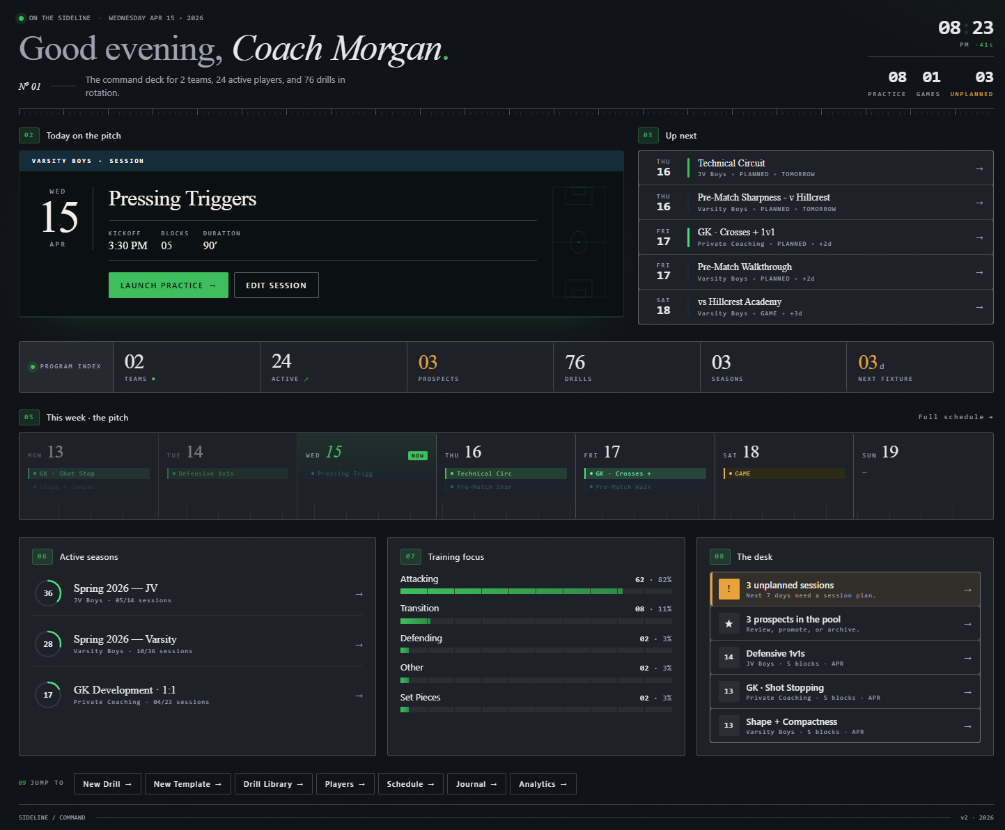 Sideline command deck — practice plan, week timeline, active seasons, and training focus
