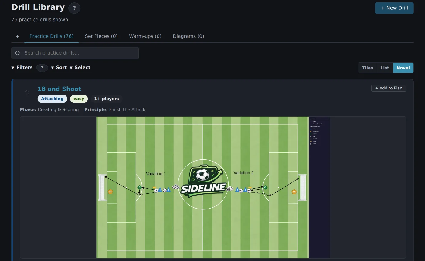 A drill in the library with its full field diagram, phase of play and instructions