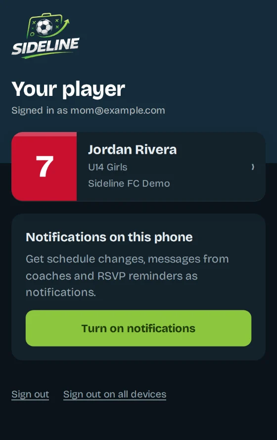 The family app showing a player and the notifications switch
