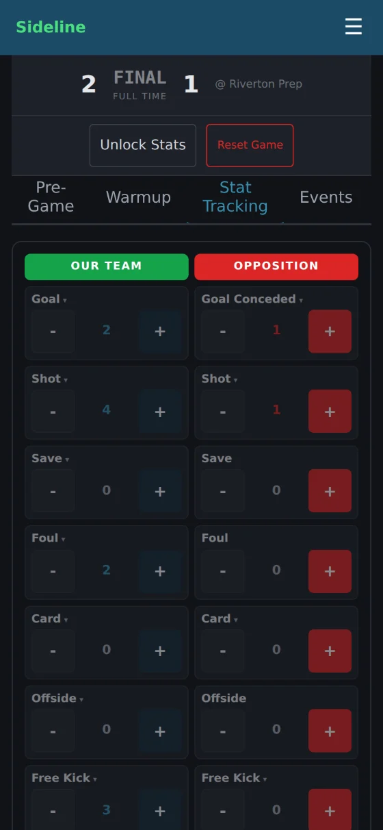 Stat tracking on a phone: goals, shots, saves and fouls for both teams